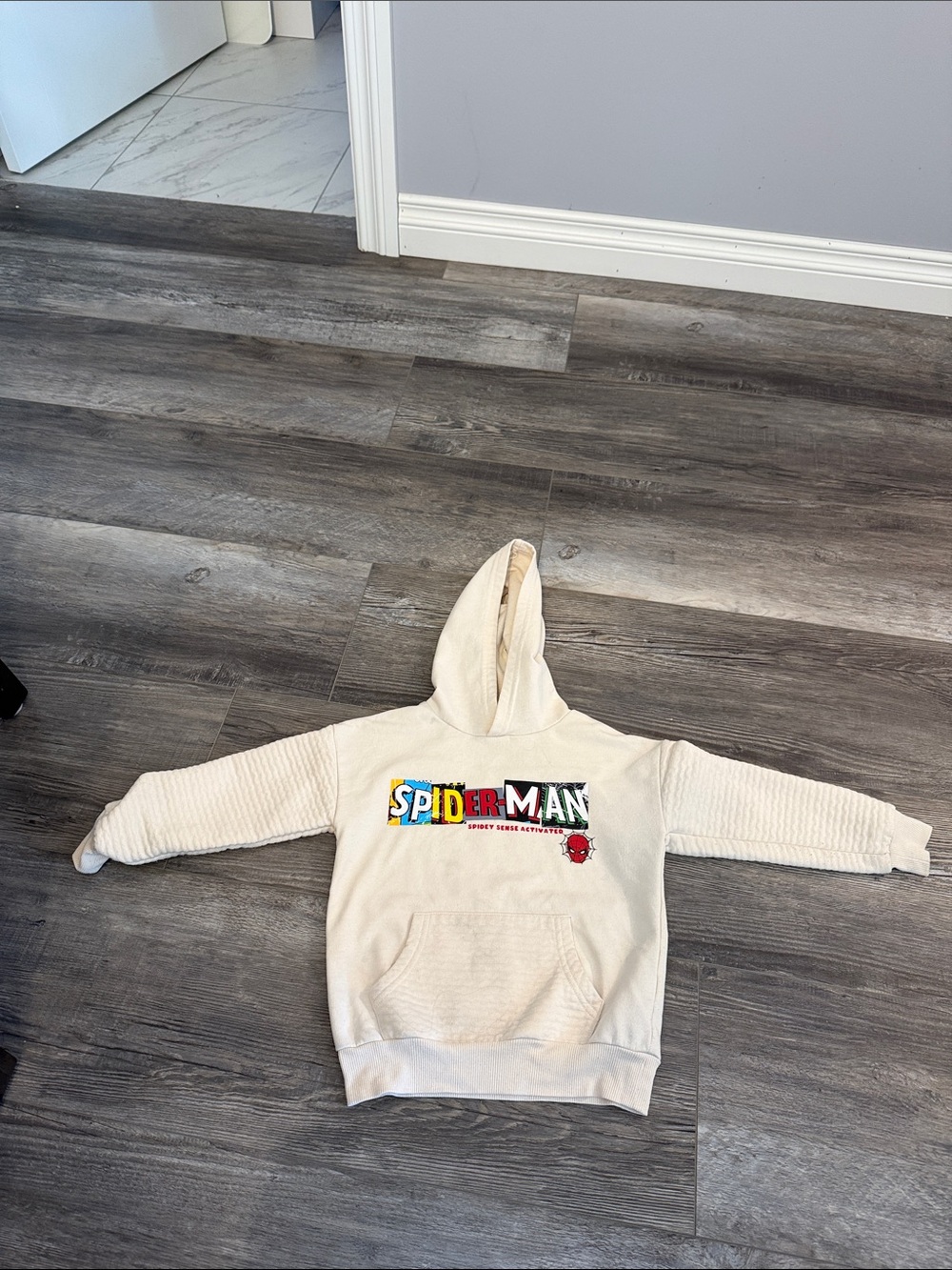 Marvel Spiderman Cream Pullover Hoodie with Color Block Logo